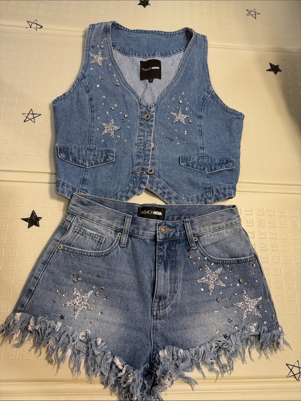 Fashion Nova Light Blue Denim Star Rhinestone Shorts